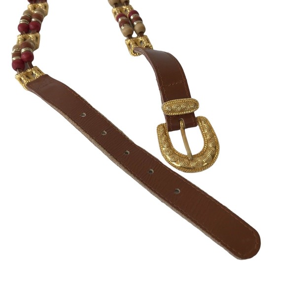 Express Women Brown Belt Size M Wood Beads Buckle Genuine Leather Boho bohemian - Picture 5 of 8